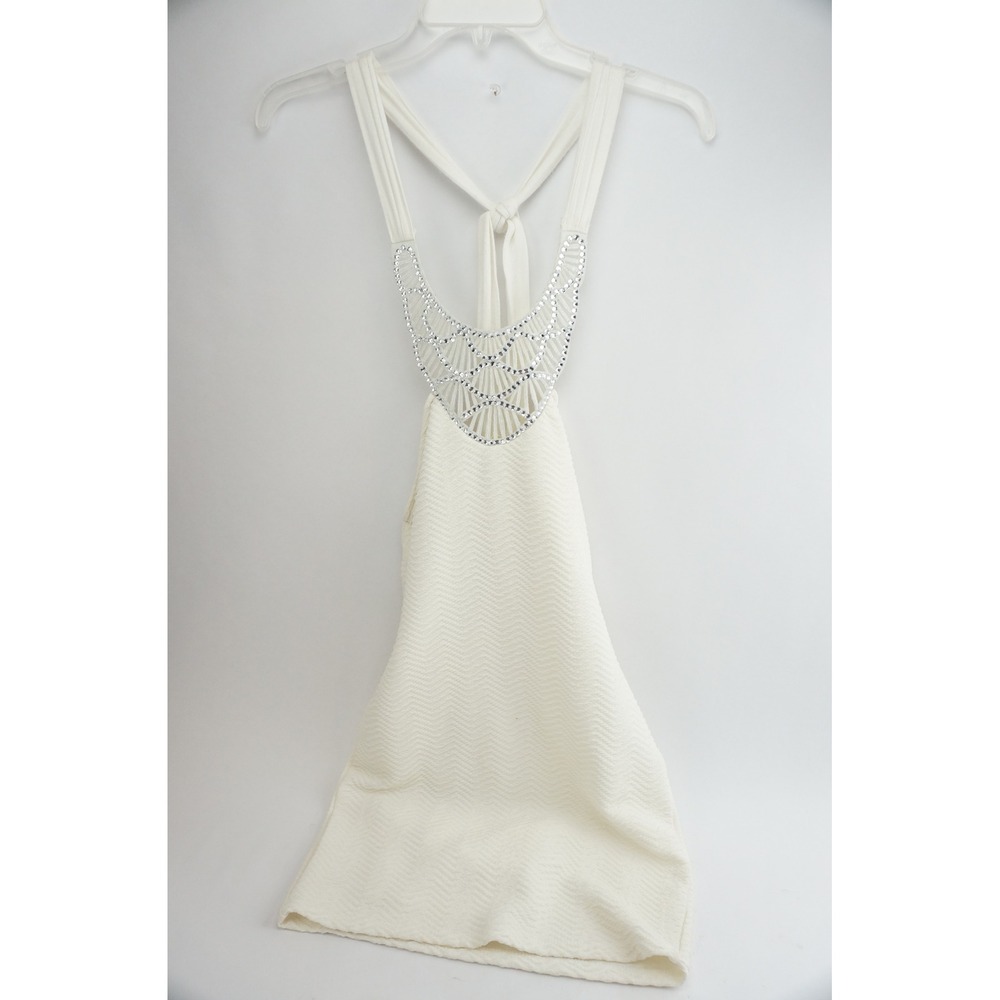 Windsor Halter Dress Womens Medium Ivory Rhinestone Textured Open Back Good‎